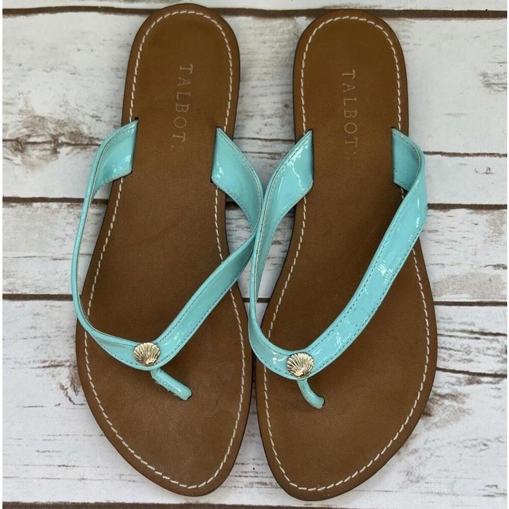 Talbots Excellent Flip Flop Aqua Blue Shell Accent Patent Sandal 9M